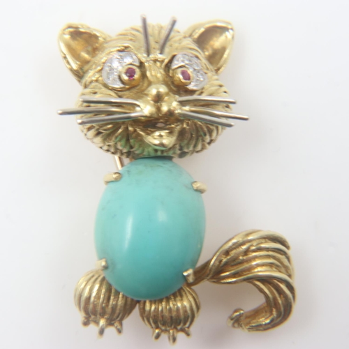 13 - Ben Rosenfeld 18ct gold, turquoise, ruby and diamond cat brooch, 17.4g. UK P&P Group 0 (£6+VAT for t... 