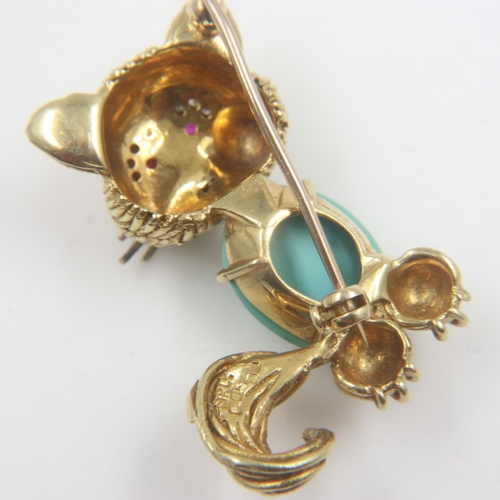 13 - Ben Rosenfeld 18ct gold, turquoise, ruby and diamond cat brooch, 17.4g. UK P&P Group 0 (£6+VAT for t... 