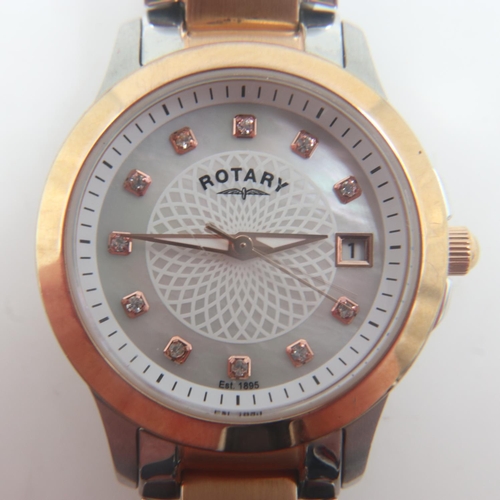 30 - ROTARY: Ladies two-tone steel cased wristwatch with stone-set chapters and date aperture, requires b... 