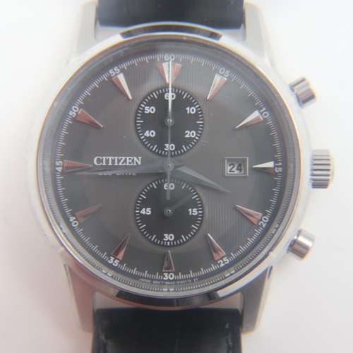 31 - CITIZEN: Gents Eco-Drive steel cased chronograph wristwatch with two subsidiary dials and date apert... 