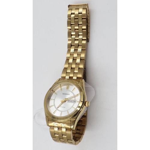 36 - SEKONDA: Gentleman's gold tone quartz wrist watch with day/date aperture at 3 o'clock