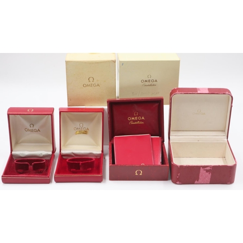 44 - OMEGA: four wristwatch boxes, two with papers and outer-card boxes, mixed conditions. UK P&P Group 2... 