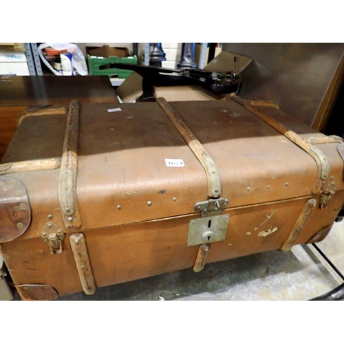 1624 - Wooden travel trunk with wooden binding and internal shelf. Not available for in-house P&P