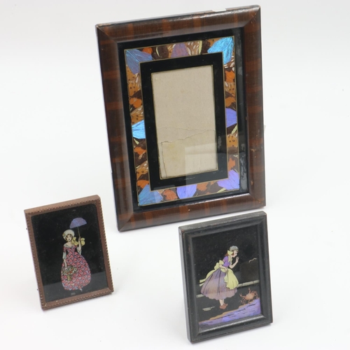 58 - Two butterfly wing miniatures of ladies and a picture frame with a border of butterfly wings, frame ... 