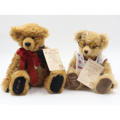 61 - Hermann limited edition musical Bolero bear 105/500, H: 36cm and Flower Power bear 52/500, H: 32cm. ... 