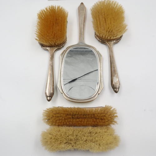 76 - Art Deco hallmarked silver and guilloche enamel five-piece set of dressing brushes with hand mirror,... 