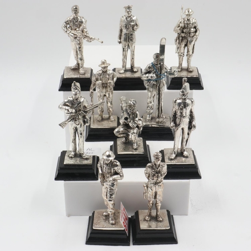 78 - Ten Royal Hampshire polished pewter military figures on wooden plinths, largest H: 12cm. UK P&P Grou... 