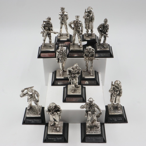 81 - Twelve Royal Hampshire polished pewter, military figures, including The Welsh Guard and SAS Regiment... 