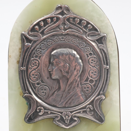 82 - Early 20th century arched onyx easel plaque mounted with a silver plated Icon, H: 14cm. UK P&P Group... 