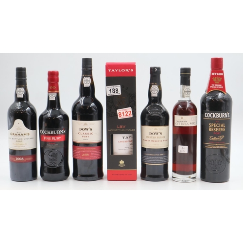 188 - Seven bottles of port, mixed makes. Not available for in-house P&P