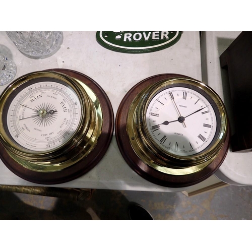 1428 - Mounted brass clock and barometer. Not available for in-house P&P