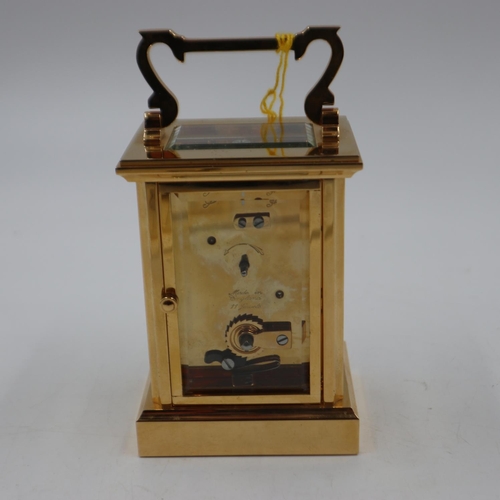 399 - JOHN MORLEY: brass carriage clock with original box, key and paperwork, H: 15 cm. UK P&P Group 2 (£2... 