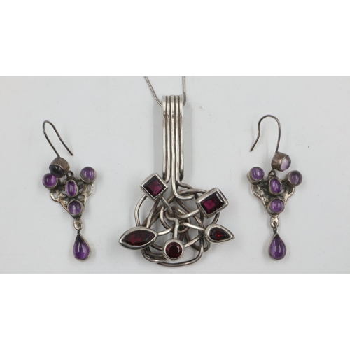 18 - Contemporary 925 silver stone-set pendant necklace and a pair of silver earrings set with amethyst c... 