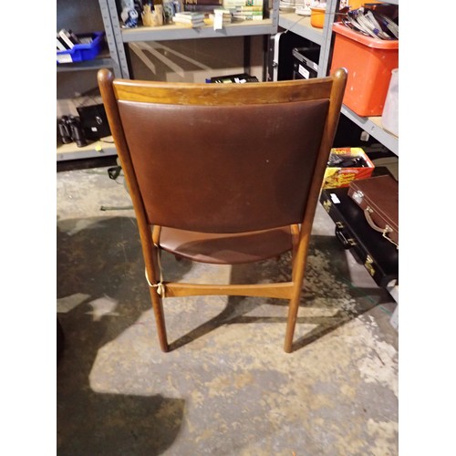 1739 - Five teak dining chairs with wine coloured vinyl seat backs and pads (3), good clean chairs, no obvi... 