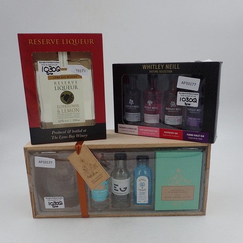 1030Q - Three boxed alcohol gift sets: Lyme Bay Winery reserve liquor, 4 x 5cl Whitley Neill flavoured gins ... 