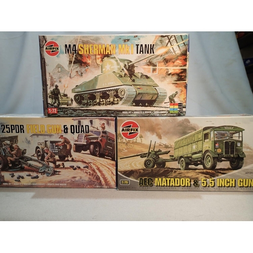 2320 - Three Airfix 1/72 and 1/76 scale military kits, Quad & gun, Sherman, and Matador & gun, appear and n... 