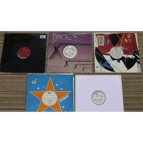 801 - Five collectable Disco/Funk 12 inch singles including promos. UK P&P Group 2 (£20+VAT for the first ... 