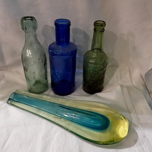 1286 - Italian art glass stem vase with three vintage glass bottles. Not available for in-house P&P