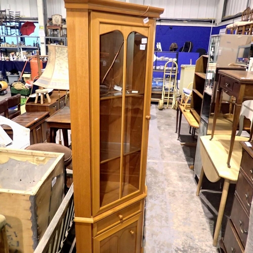 1757 - Teak corner cabinet with glass shelves, 40 x 66 x 187cm H. Not available for in-house P&P