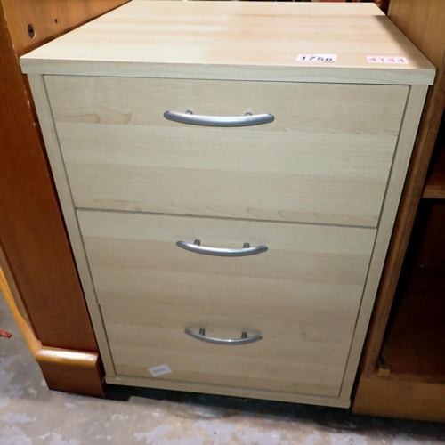 1758 - Three drawer beech effect chest of drawers on castors42 x 40 x 58cm H. Not available for in-house P&... 