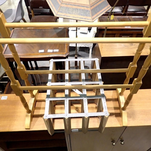 1760 - Antique pine effect freestanding towel rail with a 15 bottle wine rack. Not available for in-house P... 