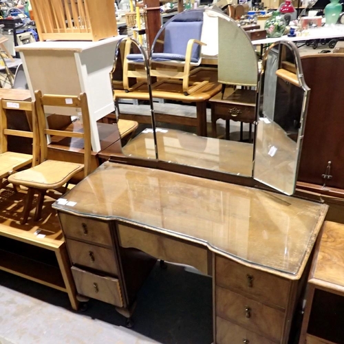 1763 - Burred walnut dressing table with 3 pane mirror and glass top, 48 x 108 x 71cm H. Not available for ... 