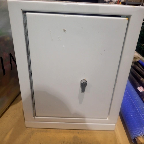 1938 - Metal wall mountable safe, with key (in office 5097), 24 x 30 x 38cm H. Not available for in-house P... 