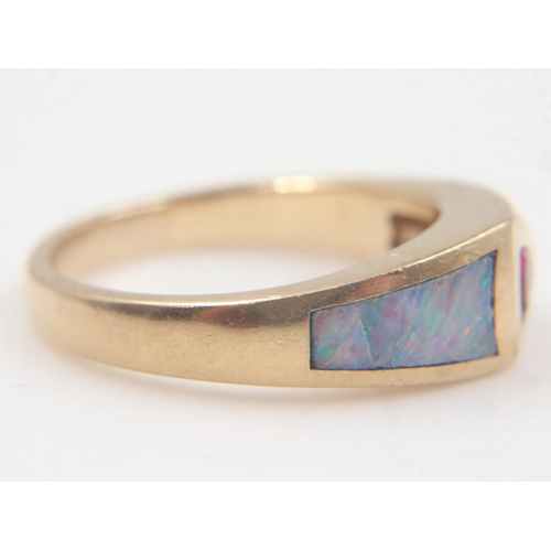 78 - 14ct gold, trillion cut ruby, opal and diamond ring, size O, 7.3g. UK P&P Group 1 (£16+VAT for the f... 