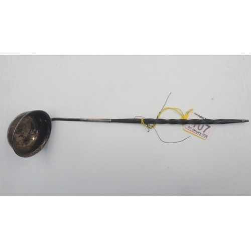 107 - Silver plated toddy ladle with baleen handle, L: 30 cm. Not available for in-house P&P