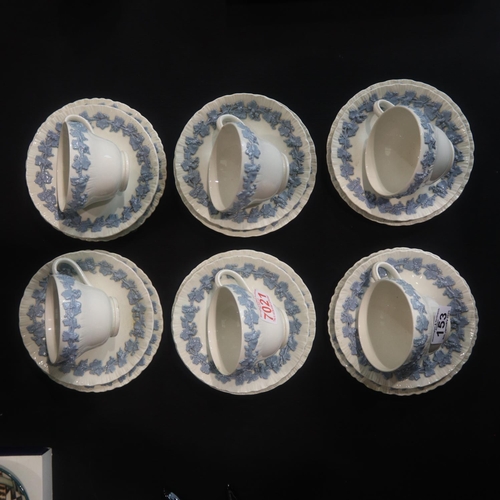 153 - Six Wedgwood blue on white Queensware tea trios (18). Not available for in-house P&P