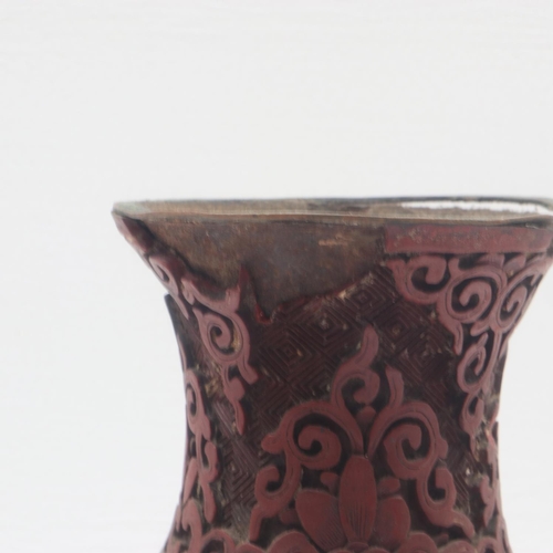 285 - Chinese 19th Century carved cinnabar lacquer vase, some losses, H: 22.5 cm. Not available for in-hou... 