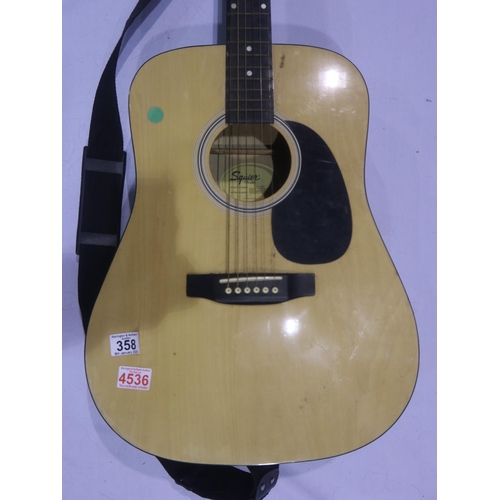 358 - Squier by Fender full size acoustic guitar with strap, #SA105. Not available for in-house P&P