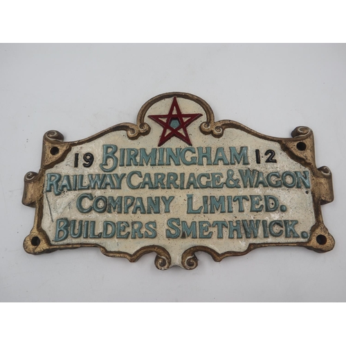 383 - Cast iron railway wagon plate, Birmingham Railway Carriage and Wagon company Limited Builders Smethw... 