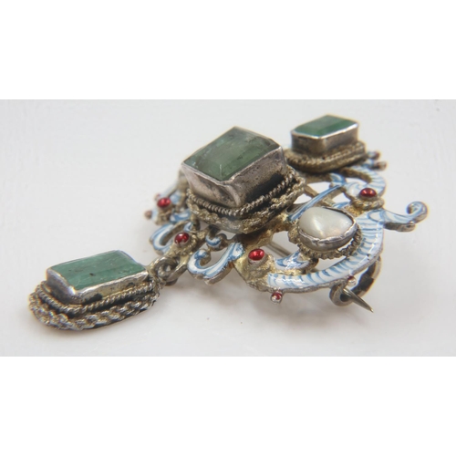 81 - Early 19th century Renaissance Revival enamelled silver brooch, set with emeralds and pearls, H: 40m... 