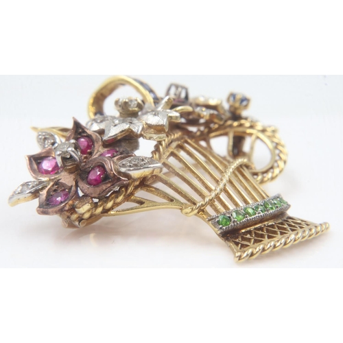 90 - Large Victorian yellow and rose gold brooch, in the form of a basket of flowers, set with diamonds, ... 