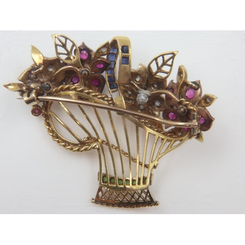 90 - Large Victorian yellow and rose gold brooch, in the form of a basket of flowers, set with diamonds, ... 