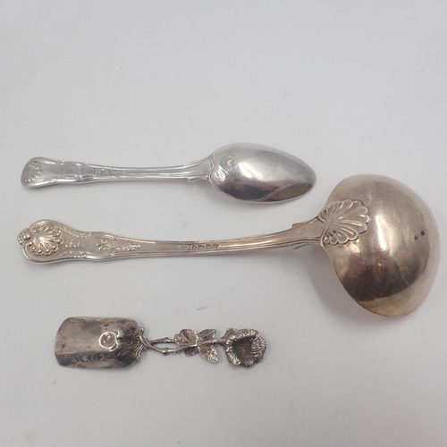 117A - Hallmarked silver ladle and spoon combined 112g, and a continental silver sugar spoon. UK P&P Group ... 