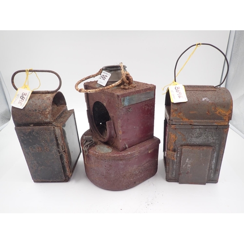 369E - Three railway warning/tail lamps for refurbishment, height of tallest H: 28cm. Not available for in-... 