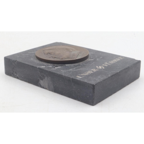 2033 - Third Reich bronze and marble paperweight, engraved Unser Fuhrer (Our Leader).UK P&P Group 1 (£16+VA... 