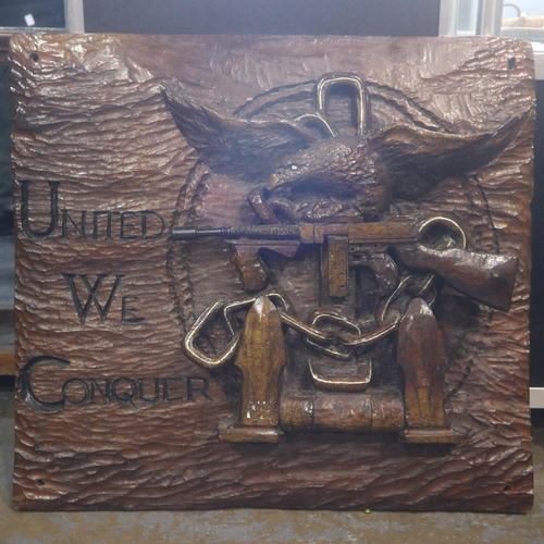 2064 - A substantial carved wood Combined Operations Commando memorial wall plaque, overall 80 x 72 cm. Not... 