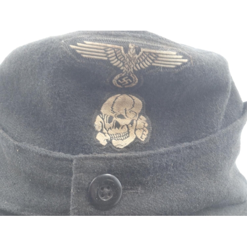 2088 - WWII German blanket-material Waffen SS M43 Panzer Cap. Likely a late-War Concentration Camp Made. Pa... 