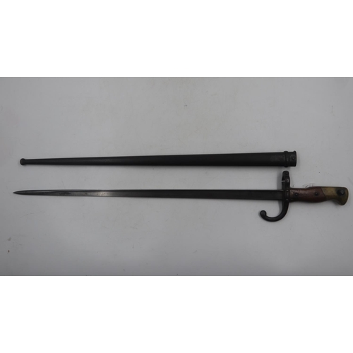 2101 - 19th century French Gras bayonet with hooked quillon, dated 1877 and numbered 88835, with steel scab... 