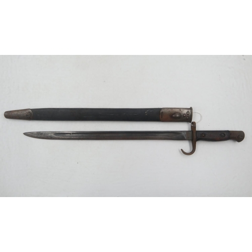 2103 - Enfield 1912 dated bayonet with hooked quillon, leather scabbard with Tear Drop Button. UK P&P Group... 