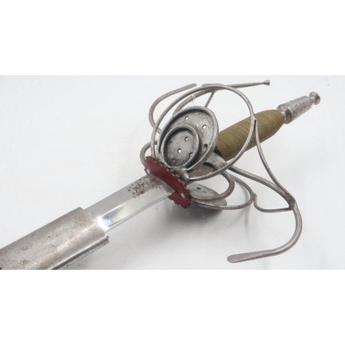 2108 - Substantial re-enactment musketeer rapier sword with heavy detailed handle and leather scabbard. Not... 