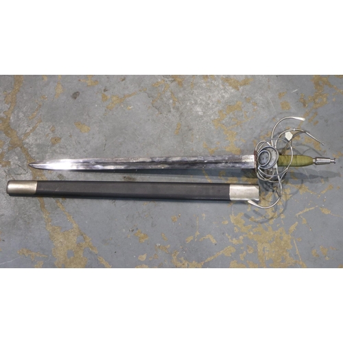 2108 - Substantial re-enactment musketeer rapier sword with heavy detailed handle and leather scabbard. Not... 