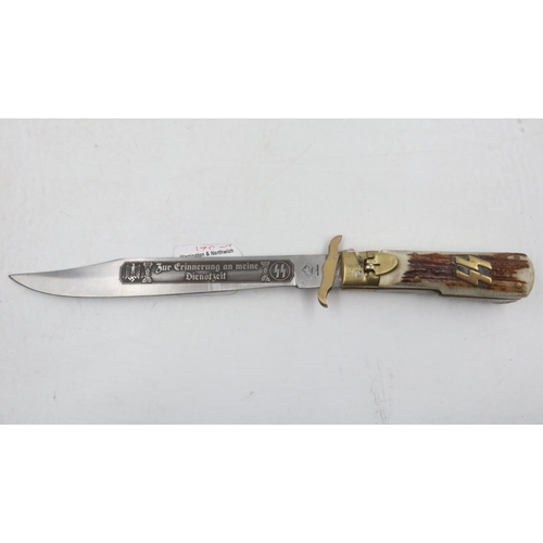 2114 - Third Reich acid etched folding antler-handled commemorative knife, “In Memory of my Service”. UK P&... 