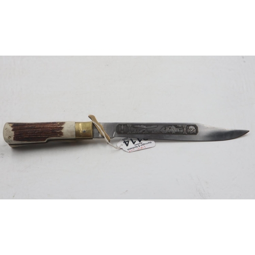 2114 - Third Reich acid etched folding antler-handled commemorative knife, “In Memory of my Service”. UK P&... 