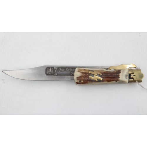 2114 - Third Reich acid etched folding antler-handled commemorative knife, “In Memory of my Service”. UK P&... 