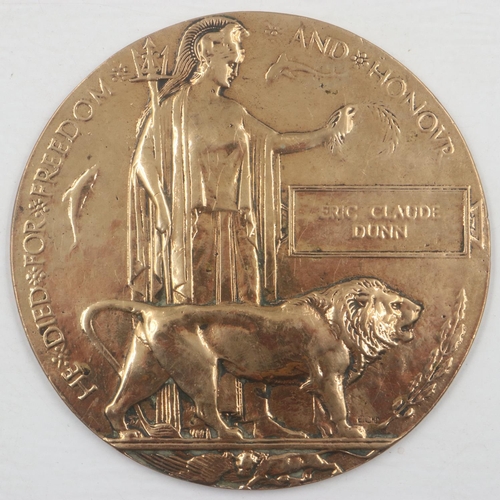 2175 - British WWI bronze death plaque, named to Eric Claude Dunn. Dunn was corporal in 10th Battalion East... 