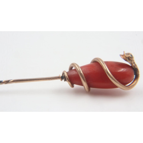 8 - Antique gold, coral and turquoise snake-form stick pin. UK P&P Group 0 (£6+VAT for the first lot and... 